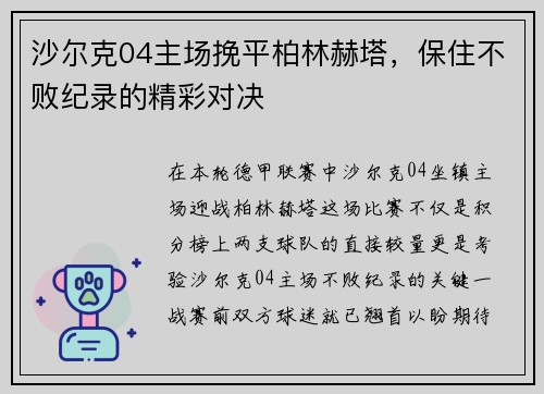 沙尔克04主场挽平柏林赫塔，保住不败纪录的精彩对决