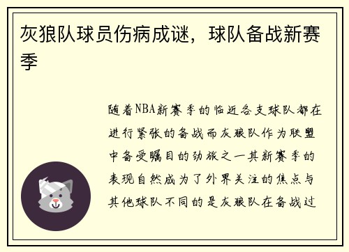 灰狼队球员伤病成谜，球队备战新赛季